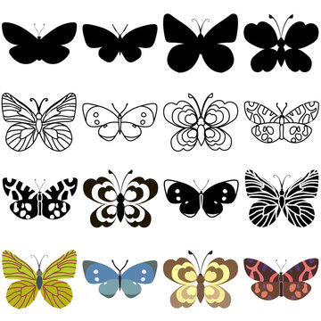 Set of outline silhouette insect butterflies