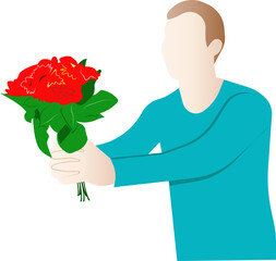 A person gives flowers. Flower delivery. Vector illustration.