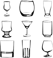 Printable set of glass: water, cocktail, whiskey, juice and beer flat vector illustration