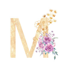 Golden letter M of the English alphabet with a bouquet of purple roses and anemones on a white isolated background. Hand-drawn watercolor illustration