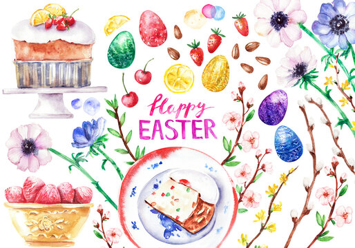 Hand drawn watercolor easter background with decorated eggs in bright colors, cake, candles