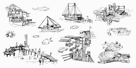 Vector sketch of a Turkish resort: beach, pier, yacht, boat, fish. Kemer. Hand drawn illustration.
