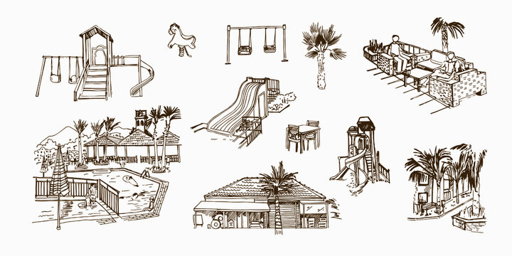 Vector sketches of a Turkish resort. Kemer. The architecture of hotels, playgrounds with slides and swings, swimming pool, landscape elements. Hand drawn illustration.