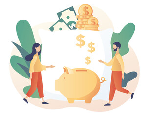 Money pillow. Piggy bank. Personal finance, money savings, emergency support fund, personal capital, insurance. Tiny people growth financial. Modern flat cartoon style. Vector illustration 