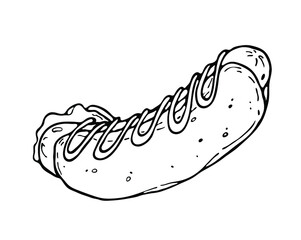 The black line of the fast food logo. A hand-drawn hot dog icon. Vector illustration for menu, fast food cafe interior, T-shirts, print style, graphics.
