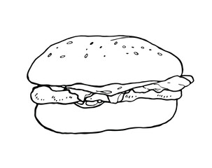 The black line of the fast food logo. A hand-drawn hamburger icon. Vector illustration for menu, fast food cafe interior, T-shirts, print style, graphics.