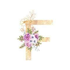Golden letter F of the English alphabet with a bouquet of purple roses and anemones on a white isolated background. Hand-drawn watercolor illustration