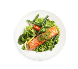 Tasty cooked salmon with pesto sauce and fresh salad on white background, top view