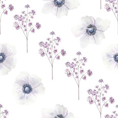 Seamless patterns with purple roses and anemones on a white isolated background. Hand-drawn watercolor illustration