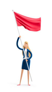 Young business woman Emma standing with red flag on a white background. 3d illustration
