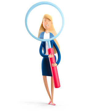 Young business woman Emma standing with magnifier glass on a white background. 3d illustration. Searching concept.