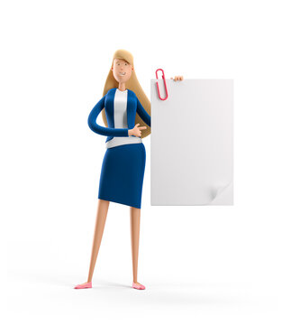 Young business woman Emma standing with paper document on a white background. 3d illustration