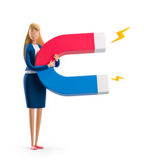 Young business woman Emma standing with big magnet on a white background. 3d illustration