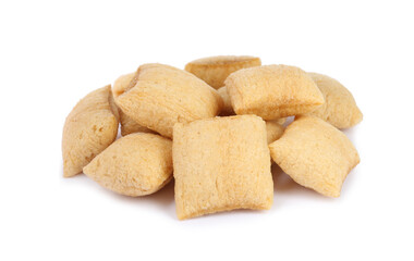 Heap of sweet crispy corn pads on white background. Breakfast cereal