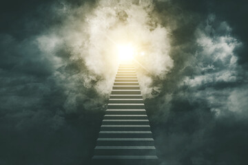 Empty stairs toward bright light with cloudy sky