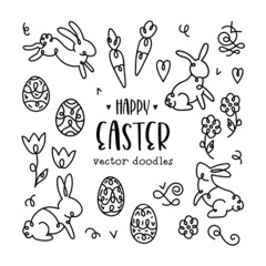 Cute hand drawn collection of Easter doodles with bunnies, eggs and decoration, vector design