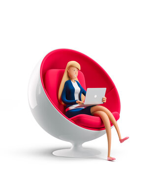 Young business woman Emma sitting in the chair with a laptop on a white background. 3d illustration