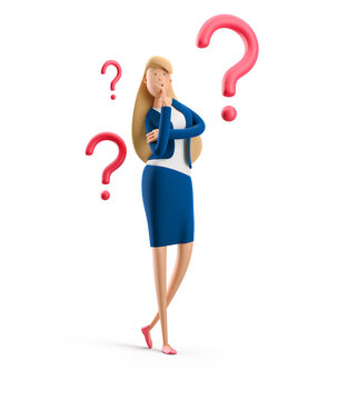 Young business woman Emma standing with question mark on a white background. 3d illustration