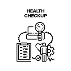 Health Checkup Vector Icon Concept. Professional Medical Health Checkup In Hospital. Patient Measuring Blood Pressure And Checking Analysis, Clinic Healthcare Procedure Black Illustration