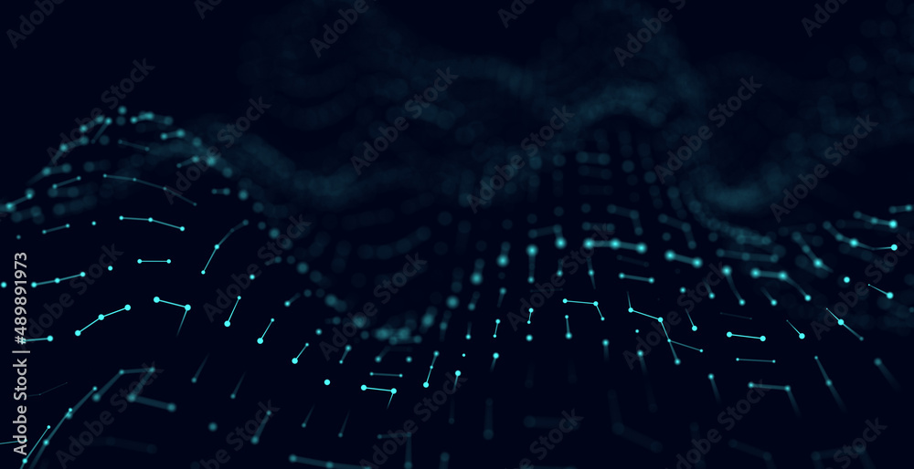 Poster Blue dynamic particles wave. Embossed mesh representing internet connections, cloud computing and neural networks. Data flow. Technology background. 3d rendering.