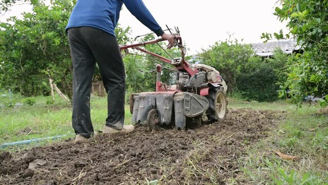 Agriculturist controlling two wheel tractor plowing on soil field in plantation