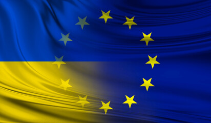 Flags of Ukraine and European Union. Concept of future entry of Ukraine into the European community. Illustration.