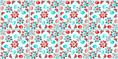 Fototapeta na wymiar Easter seamless tinted pattern with multicolored eggs, toy chicken and butterflies on a horizontal background