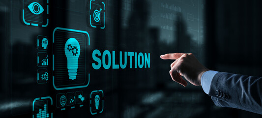 Solution. Businessman pressing on touch screen interface inscription Solutions. Business concept. Internet concept