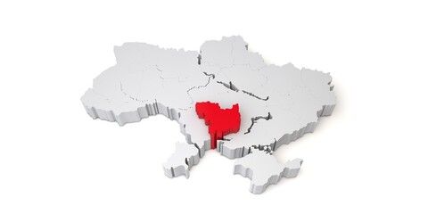 3d map of Ukraine showing the region of Mykolaiv in red. 3D Rendering
