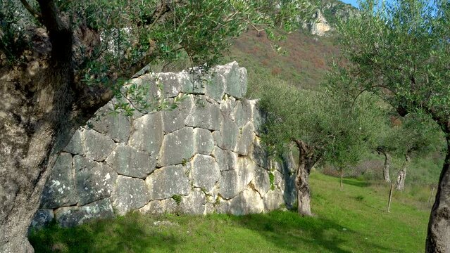 Megalithic or cyclopean walls at the Parco dell'Olivo in Venafro. Venafro, Isernia province, Molise, Italy, Europe