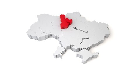 3d map of Ukraine showing the region of Kyiv in red. 3D Rendering