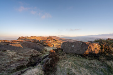 Panoramic view from The Roaches. Winter sunrise in the Peak District National Park.