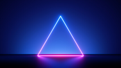 3d render, abstract neon background with blank fluorescent triangular frame. Simple geometric shape. Laser line glowing with pink blue light