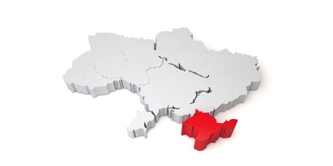 3d map of Ukraine showing the region of Crimea in red. 3D Rendering