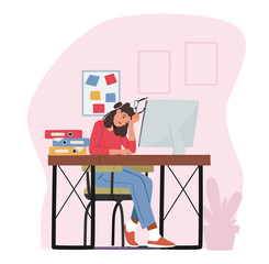 Tired Overloaded Business Woman with Glasses in Hand Sit with Closed Eyes at Computer Trying to Figure Out Information