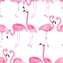Watercolor seamless pattern with flamingo. Hand drawn illustration on white background