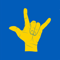 Yellow Devil hand sign on blue