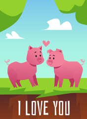 Funny pigs couple in card for Valentine Day template, flat vector illustration.