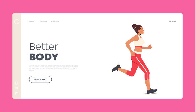 Happy Female Character Run Landing Page Template. Sport Activity, Jogging and Healthy Lifestyle Exercise, Woman Sport