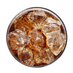 Glass of refreshing soda drink with ice cubes isolated on white, top view