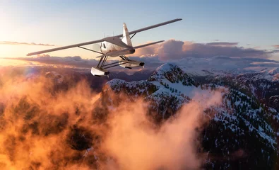 Foto op Plexiglas Eenmotorig watervliegtuig vliegt over het rotsachtige berglandschap. zonsondergang hemel. Avontuur Composiet. 3D-rendering vliegtuig. Luchtfoto Achtergrond van British Columbia in de buurt van Vancouver, Canada. © edb3_16