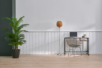 White working room design, wooden background, orange lamp, furniture, green plant and chair...