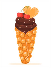 
Vector bubble waffles. Hong Kong waffle or egg waffle with sweet ripe cherries, chocolate cream. Gourmet dessert food, delicious restaurant food, snacks.
