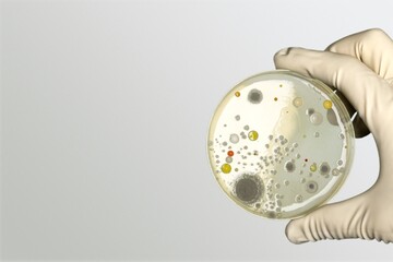 Scientist holds a petri dish with multi-colored bacteria from the environment,