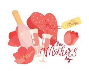 A box of heart-shaped chocolates, tulips and sparkling wine. Logo for the design of Mother's Day cards. Hand-drawn icons of spring tulips, vector isolated colorful element.