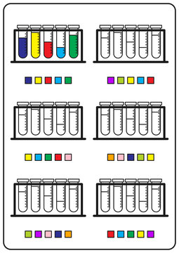 Instructional coloring pages, educational games for children, preschool activity worksheets. Simple cartoon vector illustration of colorful objects to learn colors. Coloring chemical test tubes.