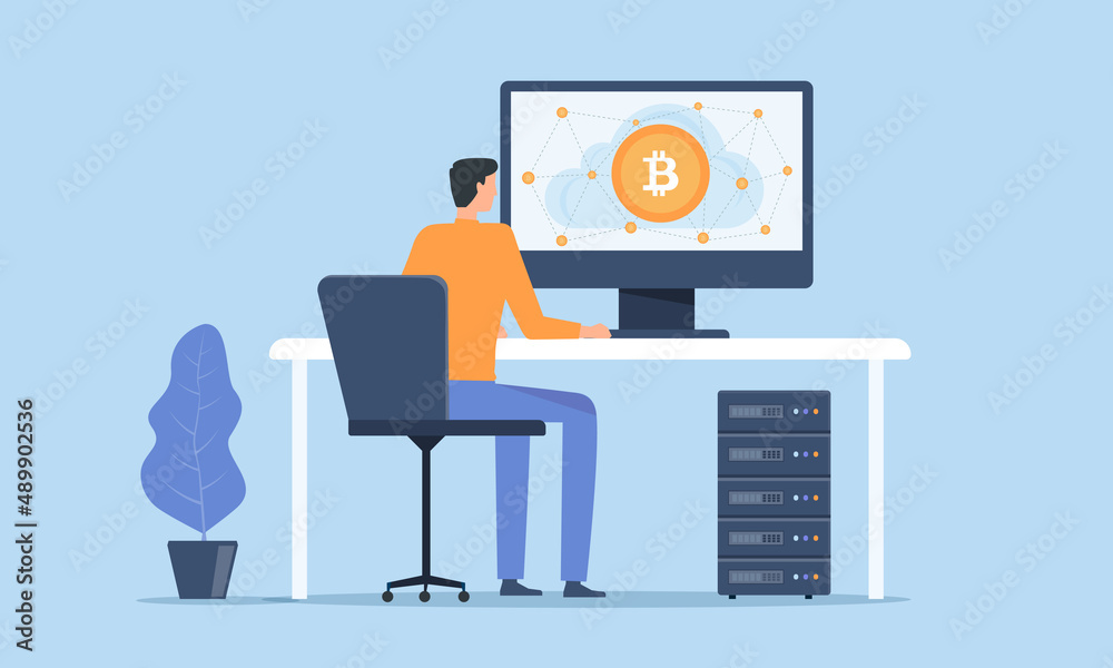 Poster Flat vector Businessmen are investing and mining in bitcoins and cryptocurrency asset technology. People working on monitor screen. cloud mining network connection concept. 