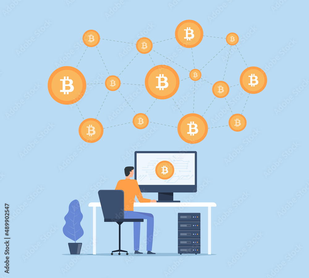 Aufkleber Flat vector Businessmen are investing and mining in bitcoins and cryptocurrency asset technology. People working on monitor screen. cloud mining network connection concept.