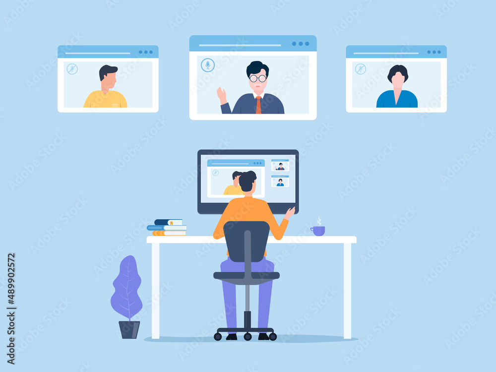 Poster flat vector business people online web video conference for meeting with remote technology working and people work from home and smart working online connect anywhere concept