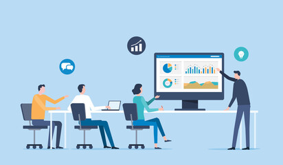Business marketing team working and meeting for business investment on monitor graph report dashboard. Business planning concept. Flat vector illustration design concept